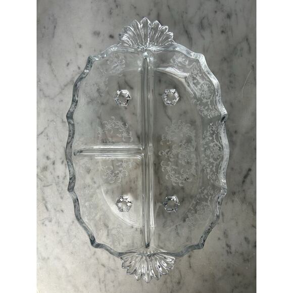 Fostoria Meadow Rose 3 Part Glass Footed Relish Dish Etched Crystal Vintage - Picture 2 of 15